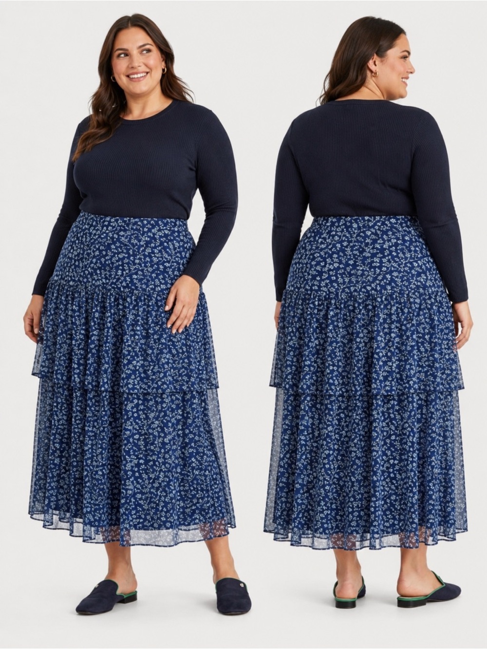 LAUREN RALPH LAUREN Navy Blue Floral Tiered Georgette Midi Skirt Lined Sz 3X